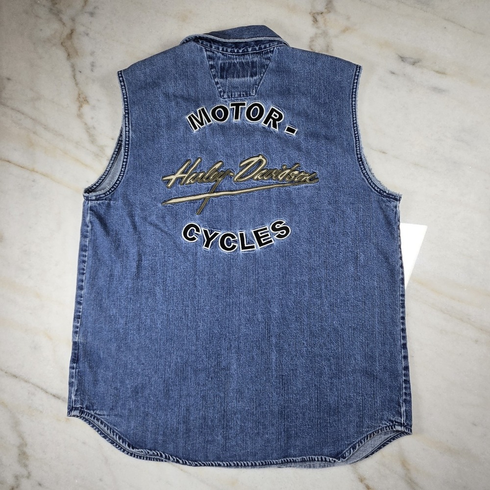 VTG Y2K Harley Davidson Motorcycles Mens Vest Denim Blue Embroidery Biker Core M